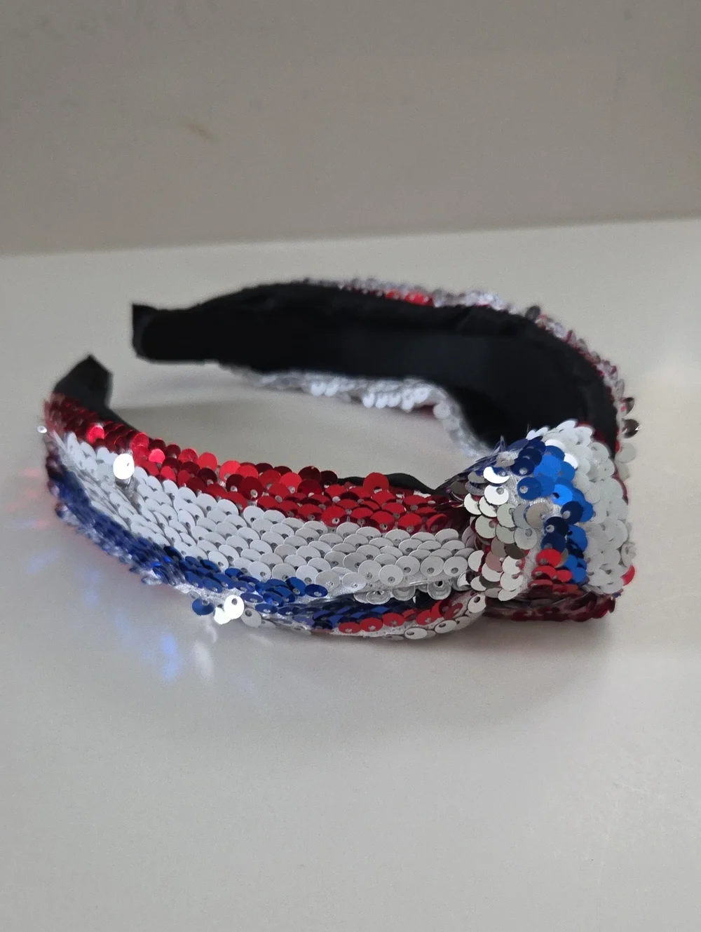 Sequin Knotted Headband in Red, White & Blue